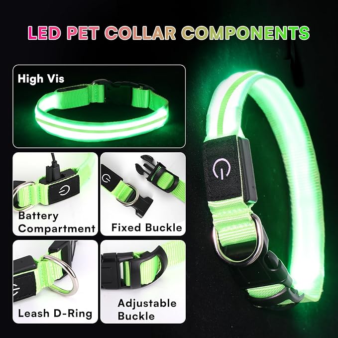 LED Light Up Dog Collar for Night Walking, Rechargeable Safety Glow Illuminated Collar with 3 Modes Flashing, Reflective Adjustable Pet Light for Small/Medium Dogs Puppy 15-19" Neck 1 Pack (Green)