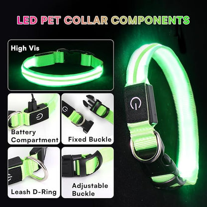 LED Light Up Dog Collar for Night Walking, Rechargeable Safety Glow Illuminated Collar with 3 Modes Flashing, Reflective Adjustable Pet Light for Small/Medium Dogs Puppy 15-19" Neck 1 Pack (Green)