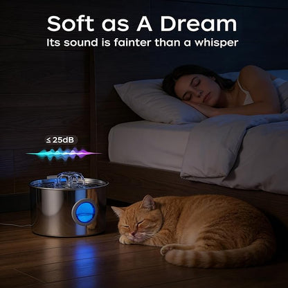 3.2L/108oz Cat Water Fountain, 304 Stainless Steel Top, Detachable Tank Makes Cleaning a Breeze, Ultra-Quiet Pump for Light Sleepers, for Multiple Cats, No More Dirty Plastic