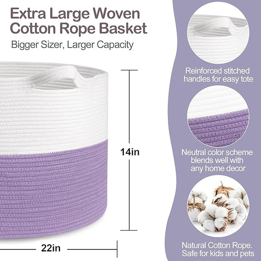 Large Purple Rope Storage Basket, 22x14 Inches Wicker Woven Baskets for Storage, Baby Laundry Hamper, Towel Blanket Toy Bin Organizer, Purple Living Room Decor, Big Basket for Gifts Empty