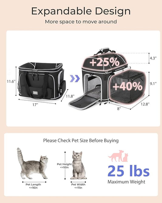Expandable Pet Carrier: NOBLE DUCK Soft-Sided Cat Dog Carrier 17x11.8X(11.6+4.3) Inches Small Medium Cats Dogs Portable Travel Carrier Up to 25 Lbs Black