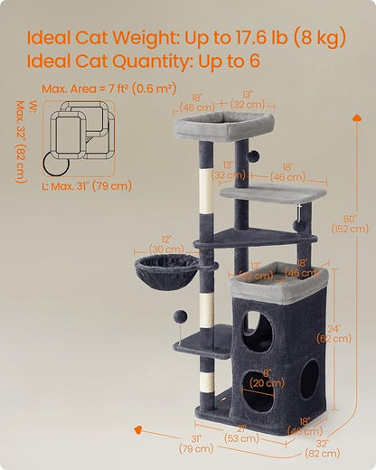 Feandrea Cat Tree, 60-Inch Cat Tower, Multiple-Level Plush Condo with 2 Caves, 3 Scratching Posts, 3 Perches, Dark Gray UPCT007G02