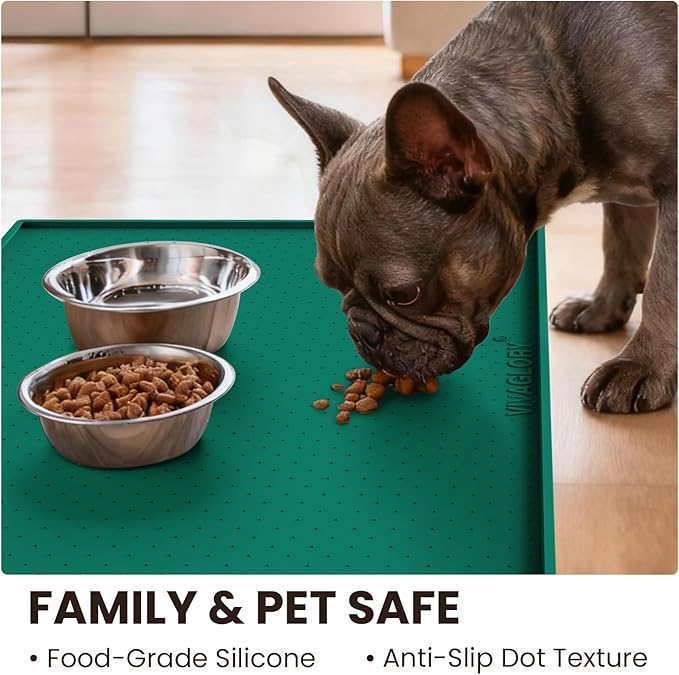 VIVAGLORY Dog Bowl Mat Grippymat Pet Food Mat, Waterproof Washable Nonslip Silicone for Pet & Cat, Food and Water Placemat with Lip & Raised Edges for Indoor Floor, L, Deep Green