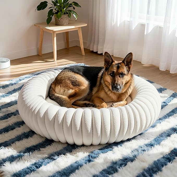 Calming Dog Bed Anti-Anxiety Donut Dog Beds for Small Medium Large Dogs,Washable Plush Fluffy Indoor Cat Kitten Round Cuddler Cushion (Cream, Medium)