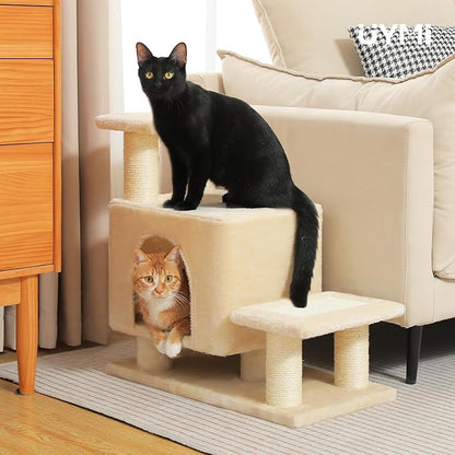 3-in-1 Dog Stairs & Cat Scratching Post with Condo, Pet Steps for High Beds, Sofa, Couch, Tall Cat Tower, High-Strength Boards for Indoor Small Cats Kittens Dogs Climbing Playing, 3 Steps-Beige