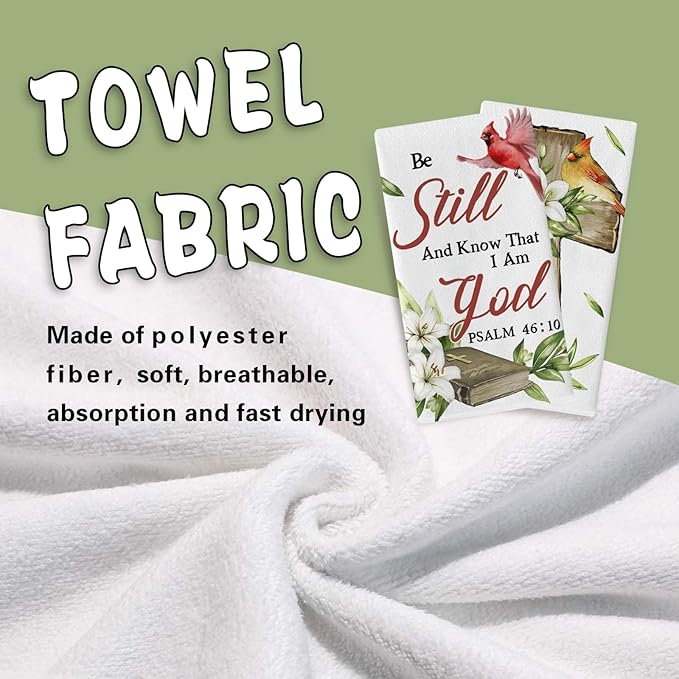 Christian Cardinal Kitchen Dish Towels Set of 2, Religious Cross Red Birds Drying Hand Towel Baking Cooking Cloth, Lily Flowers Holy Bible Home Decoration 18 x 26 Inches