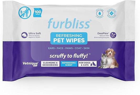 Vetnique Furbliss Hygienic Dog Grooming Wipes Cleansing Grooming & Deodorizing Hypoallergenic Pet Wipes with Natural Deodorizer 100ct (Refreshing Scent)