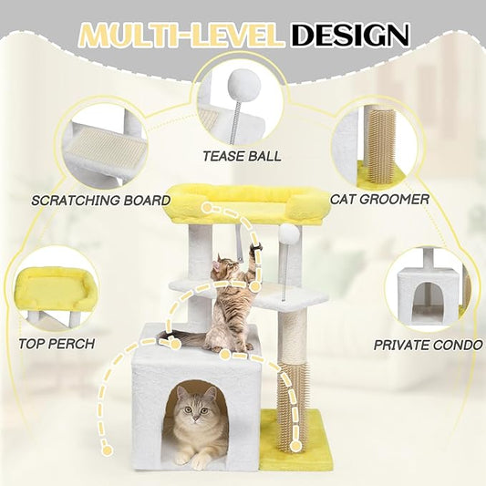 Outvita Cat Tree 27.5in Small Cat Tower, Multi-Level Cat Tree Tower with Cat Scratching Post and Pad, Cozy Cat Condo, Padded Top Bed for Kittens and Indoor Cats, Yellow & White