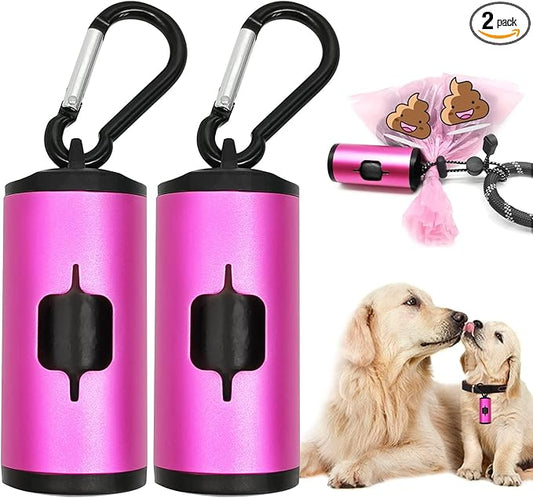 Aluminum Dog Poop Bags Holder with Carabiner Metal Pet Waste Bags Dispenser with Hook and Loop Fastener and Elastic Cord to Carry Used Bags (Pink)