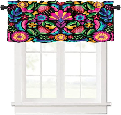 Mexican Style Valances Curtain for Kitchen, Colorful Retro Floral Pattern Window Treatment Valances Short Curtains Rod Pocket Drape for Dining Room Home Decor, 54x18inch