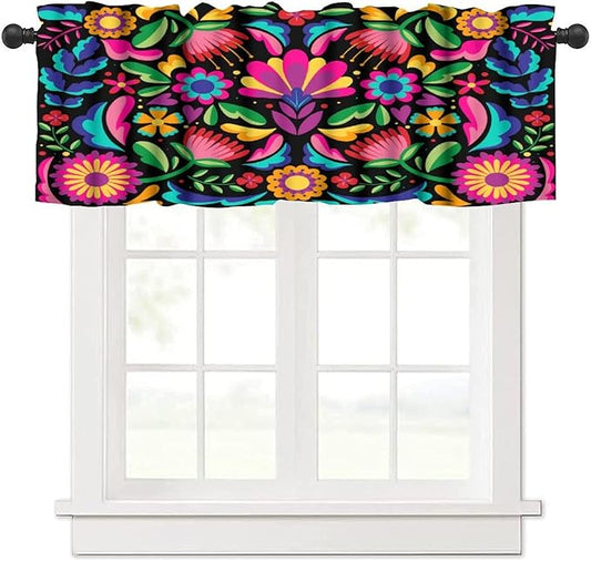 Mexican Style Valances Curtain for Kitchen, Colorful Retro Floral Pattern Window Treatment Valances Short Curtains Rod Pocket Drape for Dining Room Home Decor, 54x18inch