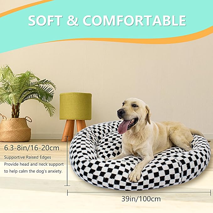 39 Inch Calming Dog Bed for Large Dogs, Round Anti-Anxiety Warm Bed, Soft Cozy Anti-Slip Donut Washable Pet Bed, Fits up to 100 lbs Pets