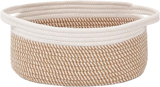 Woven Basket,Small Rope Storage Bin with Handles & Ribbon Bag, Organizer for Shelves Closets,Gift Basket Empty for Birthday,Books,Dog Toys, White&Brown Block