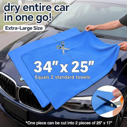 Premium Extra Large Shammy Cloth for Car Drying 2pk (34”x25”)-Super Absorbent XL Chamois Towel for Car-Reusable Shammy Towel for Car, Bathroom,Pets, Dust Remove, No Spots/Streak/Scratch
