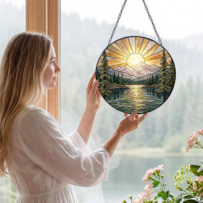 Sanwarm Stained Glass Window Hanging, Mountain Sunrise Lake Suncatcher Window Decor for Indoor Home Sun Catcher Ornament, Mother’s Day & Birthday Gift for Women, Men, Mom & Nana, 7.8 in