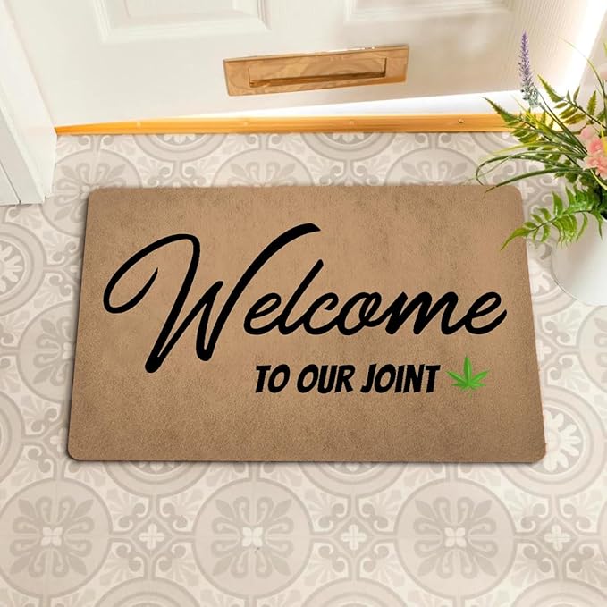 Funny Welcome Doormat (23.7 in X 15.6 in) Anti-Slip Rubber Back Entrance Way Indoor Front Porch Decor Rugs House Warming Gift (Welcome to Our Joint with Cannabis Leaf)