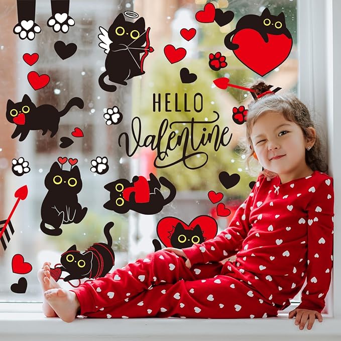 Whaline Valentine Window Clings Window Stickers Double-Sided Black Cat Red Heart Large Glass Decals for Wedding Anniversary Party Decoration, 7 Sheets