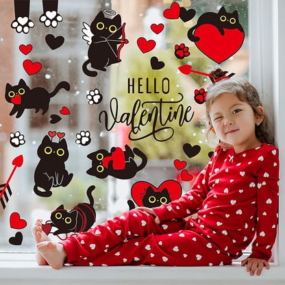 Whaline Valentine Window Clings Window Stickers Double-Sided Black Cat Red Heart Large Glass Decals for Wedding Anniversary Party Decoration, 7 Sheets