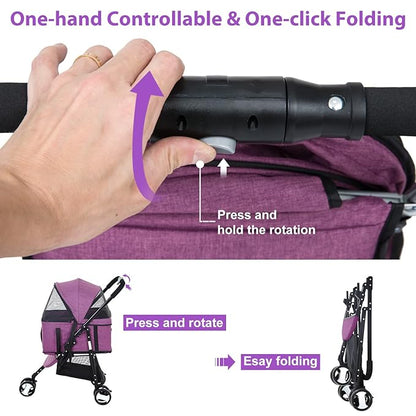Cat& Dog Stroller Pet Strollers 3 Wheel Doggy Stroller for Small Medium Dogs 3-in-1 Detachable Travel Carrier Pet Gear Stroller Wagons for Dogs Trolley for Cat Doggie Rabbit Puppy, Purple