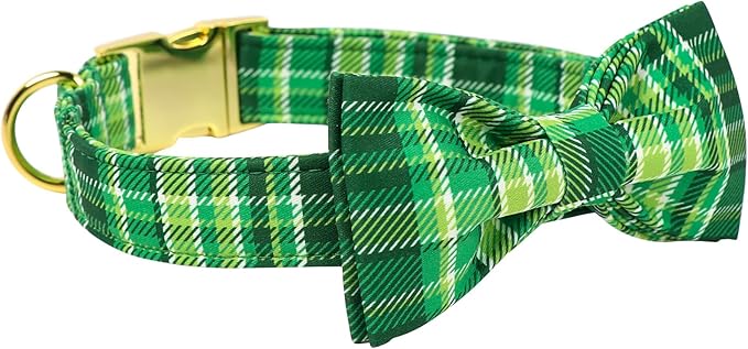 Maca Bates St. Patrick's Day Irish Plaid Dog Collar with Fancy Bow Tie,Shamrock Green Gingham Pattern for Small Girl Boy Dogs,Adjustable Durable Soft Collars Gift for Male Female Puppy