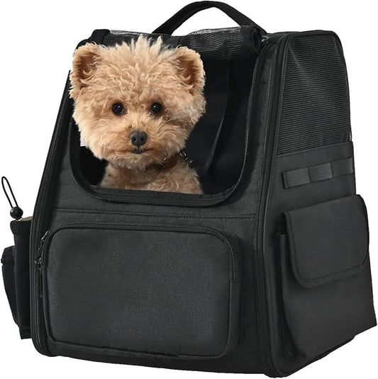 Amazon Basics Pet Backpack for Cats & Small Dogs, Collapsible Travel Carrier with Ventilated Mesh, Removable Pad, and Safety Leash, Black