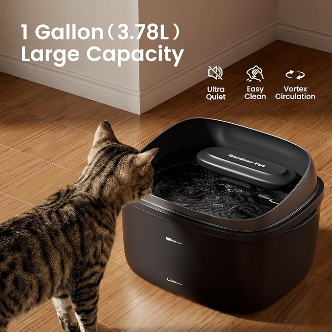 Gardner Pet Cat Fountain 1 Gallon, Vortex Dog Water Fountain, Ultra Quiet Automatic Cat Fountain with Filter, Transparent Tank, Splash-Proof, Easy to Clean,Without Adapter (Black)