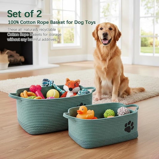 Set of 2 Woven Dog Toys Basket,Green Baskets for Dog Cat Toy,100% Cotton Rope Pet Toy Bin with Handles,Puppy Bed,Dog Storage Organizer for Toys,Collar,Leash,Nursing Supplies