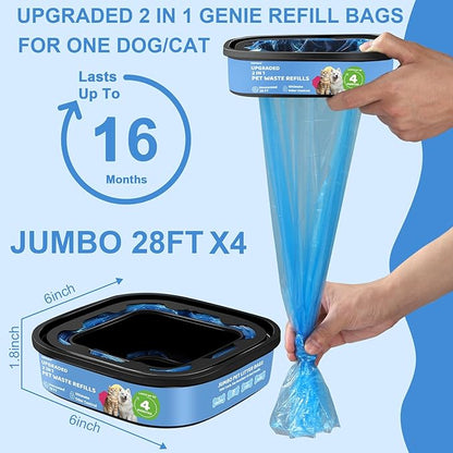 2 IN 1 Genie Refill Bags for Dog Cat 4 Pack - Total 112FT Lasts Up to 16 Months - Superior Odor Control for Dog Poop Cat Litter Bags - Pet Waste Refill Bags Fits Pet Genie and Litter Genie Pails