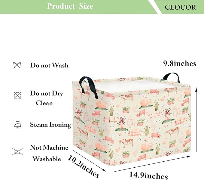 CLOCOR Rectangular Storage Basket,Collapsible Cute Pattern Storage Bin,Waterproof Books Box with Handles,Gift Basket(Farm)