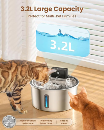 PawPoll Wireless Cat Water Fountain Stainless Steel - 3.2L/108oz Cordless Pet Water Fountain Battery Operated Cats Water Dispenser Silent Rechargeable Automatic Fountain with 6 Filters 3 Sponges