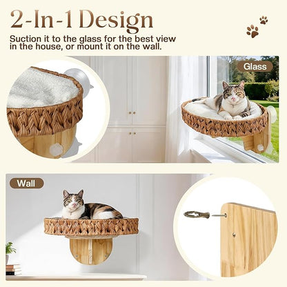 2-in-1 Cat Window Perch and Wall Shelves with Solid Wood, Wicker Window Perch for Cats Inside with 4 Upgraded Suction Cups, 16.1" Washable Cushion Cat Perches Bed for Sleeping and Watching Birds