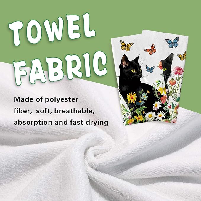 Spring Summer Black Cat Floral Kitchen Dish Towels Set of 2, Daisy Flower Butterfly Drying Hand Towel Baking Cooking Cloth, Wildflower Bathroom Home Decoration Pet Cat Owner Lover Gift 18''x26''