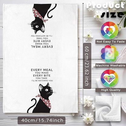 Cat Kitchen Towels - Quick-Dry 'Culinary Watchdog' Cat Hand Towels Observant Black Feline Art, Decorative Dish Towel for Amused Pet Moms | Whimsical Home Accent & Humorous Dining Companion Gift
