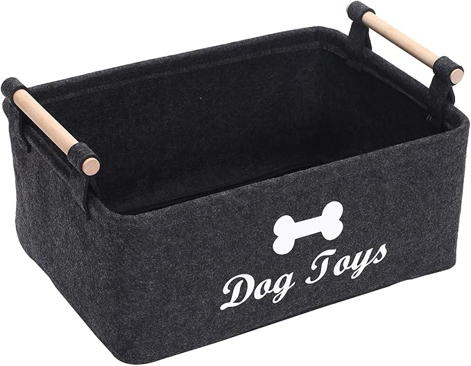 Geyecete Dog Toys Storage Bins - with Wooden Handle, Collapsible Pet Supplies Storage Basket Pet supplies storage Basket/Bin Kids Toy Chest Storage Trunk(DOG-Dark Grey)