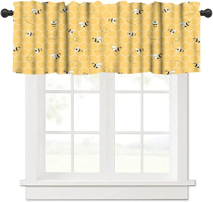 Rustic Bee Valances Curtain for Kitchen, Cute Yellow Bees Honeycomb Window Treatment Valances Short Curtains Rod Pocket Drape for Dining Room Home Farmhouse Decor, 54x18inch