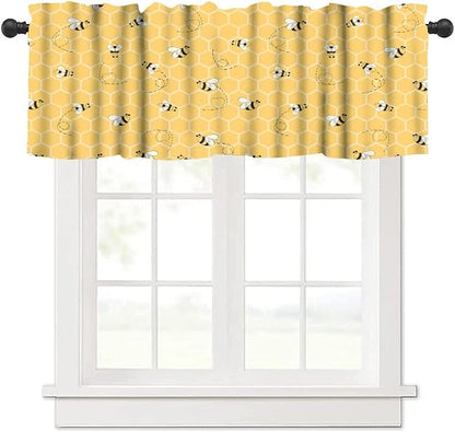 Rustic Bee Valances Curtain for Kitchen, Cute Yellow Bees Honeycomb Window Treatment Valances Short Curtains Rod Pocket Drape for Dining Room Home Farmhouse Decor, 54x18inch