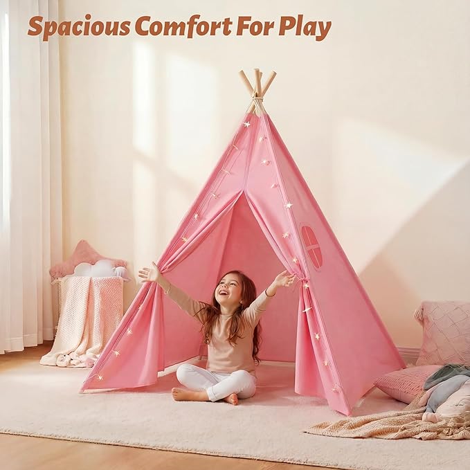 Wilwolfer 6 Pack Teepee Tent for Kids, Foldable Indoor Play Sleepover Tent with Star Lights for Girls Party, Portable Toddler Slumber Party Tents Gift, Pink