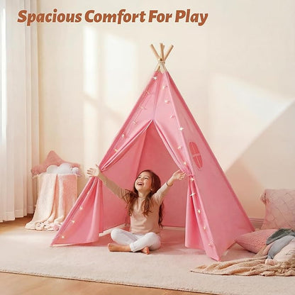 Wilwolfer 6 Pack Teepee Tent for Kids, Foldable Indoor Play Sleepover Tent with Star Lights for Girls Party, Portable Toddler Slumber Party Tents Gift, Pink