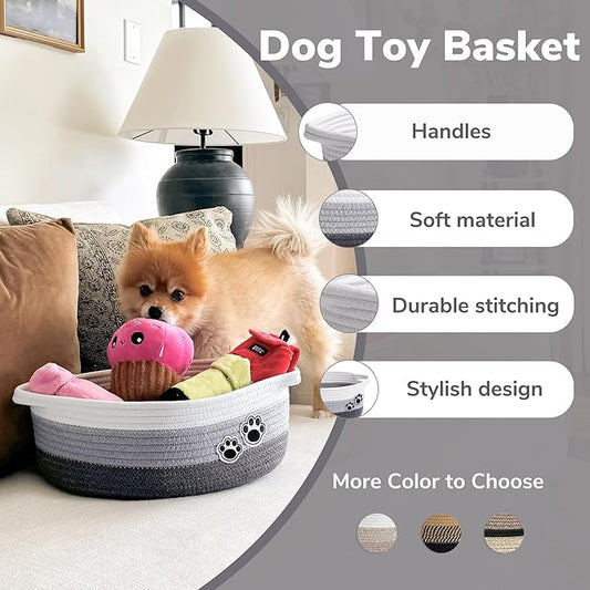 Small Dog Toy Basket, Cute Woven Baskets for Shelves, Decorative Rope Storage Baskets for Nursery, Baby Gift Basket for Diapers, 12 x 8 x 5 inches