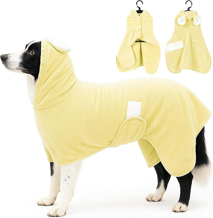 Pet Bathrobe Towel Dog Cat Drying Coat Super Absorbent Cute Dogs Bath Towel Hooded Robe Adjustable Collar & Belly Strap for XSmall to XLarge Pets (Yellow, Large)