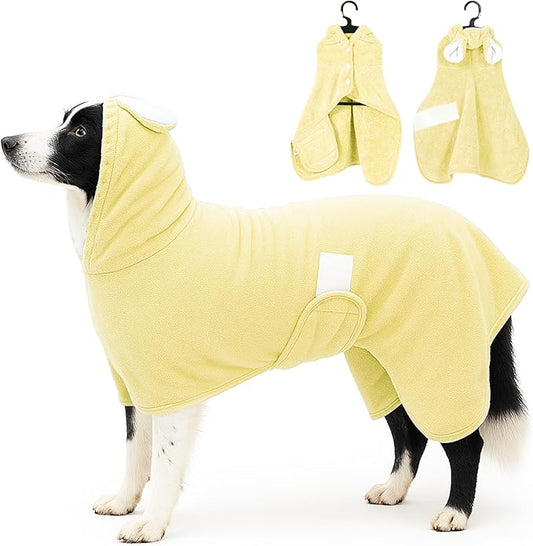 Pet Bathrobe Towel Dog Cat Drying Coat Super Absorbent Cute Dogs Bath Towel Hooded Robe Adjustable Collar & Belly Strap for XSmall to XLarge Pets (Yellow, Large)