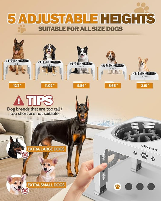 Elevated Dog Bowls with Mat, Non-Slip Dog Feeder with 1*Stainless Steel Dishes & 1*Slow Feeder Bowl, 5 Heights Adjustable Raised Bowls for 3.15″-8.66″-9.84″-11.02″-12.2″