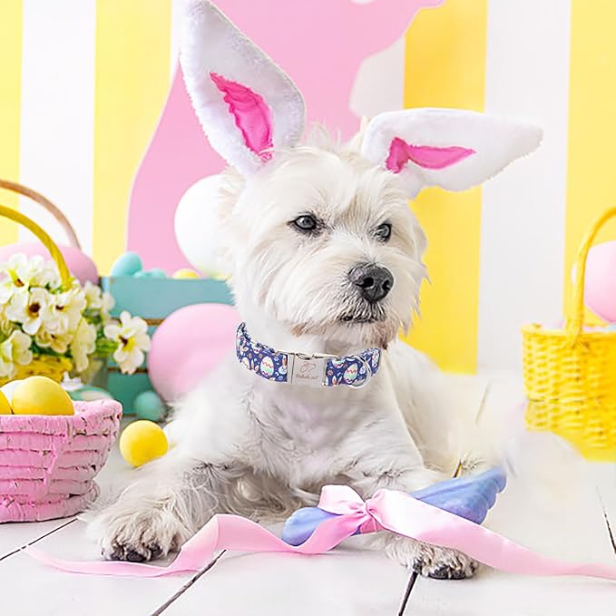 Easter Dog Collar, Cute Easter Bunny Eggs Pet Collar with Metal Buckel, Durable Adjustable Holiday Dog Collars for Small Medium Large Dogs XL