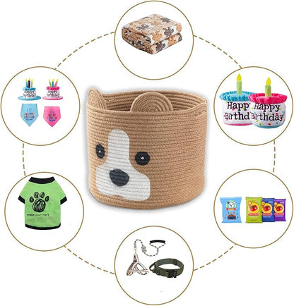 Medium Dog Woven Baskets with Handle, Dog Toy Hamper, Cotton Rope Dog Toy Storage Baskets for Pet, Animal Basket for Kids, Baby Gift Baskets for Dog Lovers, Jute