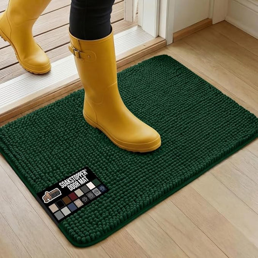 GORILLA GRIP SoakSTOPPER Dog Door Mat, 30x20 Machine Washable Rug Absorbent Doormat Captures Moisture Mud Dirt, Quick Dry Soft Chenille Entryway Rugs Indoor Entrance Mats for Dog Paws, Deep Green