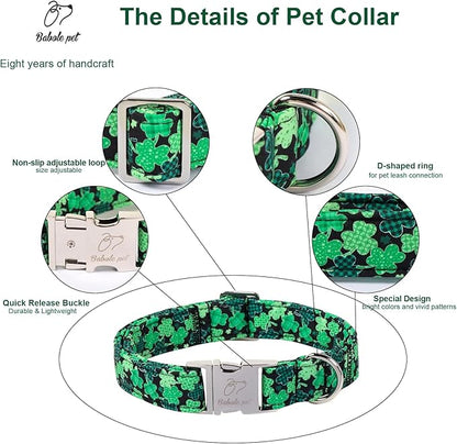 St. Patrick's Day Dog Collar, Lucky Clover Dog Collars, Adjustable Heavy Duty Irish Festive Pet Collar for Small Medium Large Dogs with Metal Buckle XL