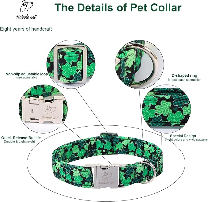 St. Patrick's Day Dog Collar, Lucky Clover Dog Collars, Adjustable Heavy Duty Irish Festive Pet Collar for Small Medium Large Dogs with Metal Buckle L