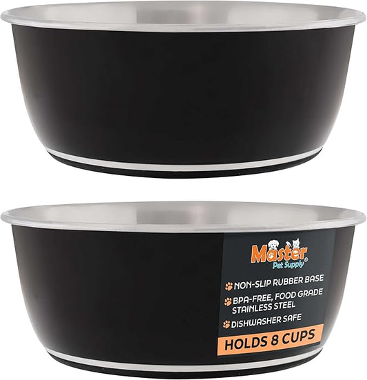 Master Pet Supply Stainless Steel Dog Bowls Set of 2 (64 Oz Each) with Non-Slip Rubber Base - Black Velvet - Basic Dog Food Bowl Water & Food Bowls for Small Medium Large Dogs & Cats, Metal Dish