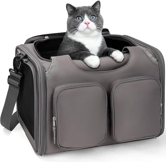 Dog, Cat Carrier for Pets Up to 15 Lbs, Airline Approved Collapsible Soft-Sided Pet Travel Bag with Locking Zippers, Breathable Mesh and 4 Large Pockets, Removable Fleece Pad (Grey)