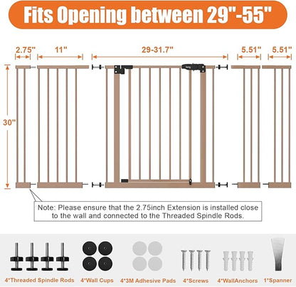 keny 29"-55" Extra Wide Baby Gate, Pressure Mounted No Drilling Dog Gate for Stairs Doorways, Easy Walk Through Safety Gate for Babies or Pets, 30" Tall, Brown